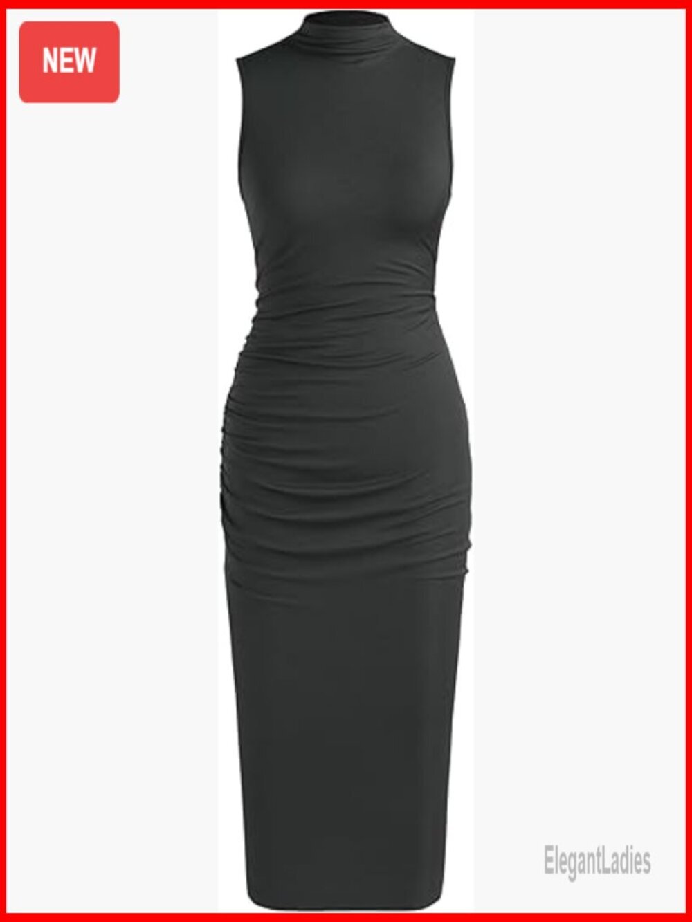 Bodycon Midi Dress High Neck Sleeveless Ruched Summer Cocktail Work Dress